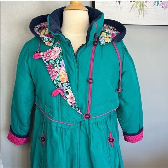 Vintage 80s Rothschild Coat Girls 12 Womens S/M Turquoise Floral Puffer Jacket - Picture 3 of 9